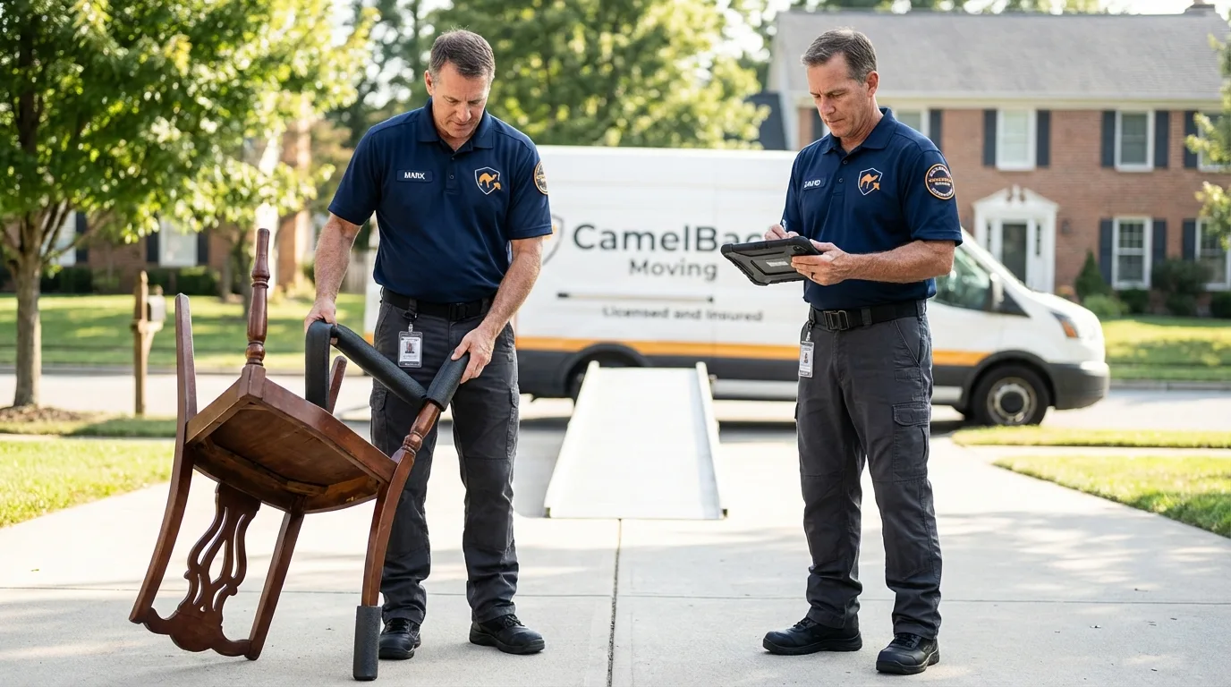 Movers inspecting furniture for damage prevention before loading in Vancleave, MS
