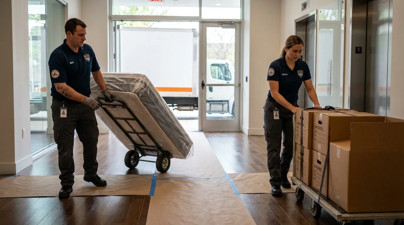 Professional apartment movers loading elevator in Vancleave, MS